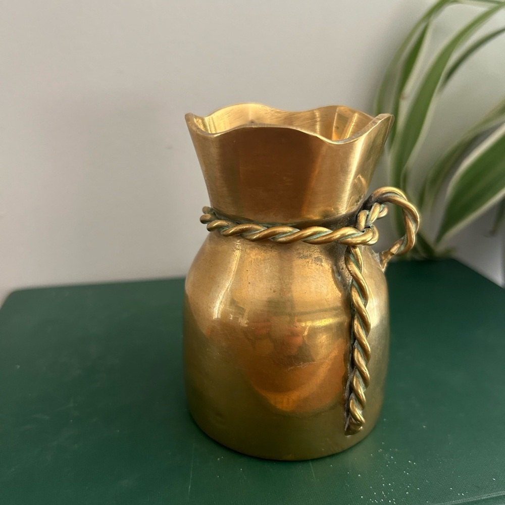 Vintage Brass Money Bag Vase Jar With A Braided Rope Detail